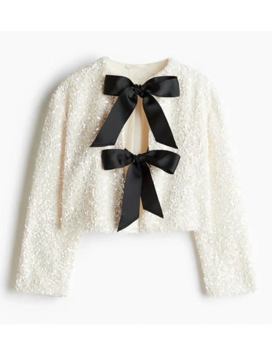 H&M Jackets & Blazers - Elegant Ivory Sequin Bow-Front Jacket Bridal Bachelorette Wedding XL